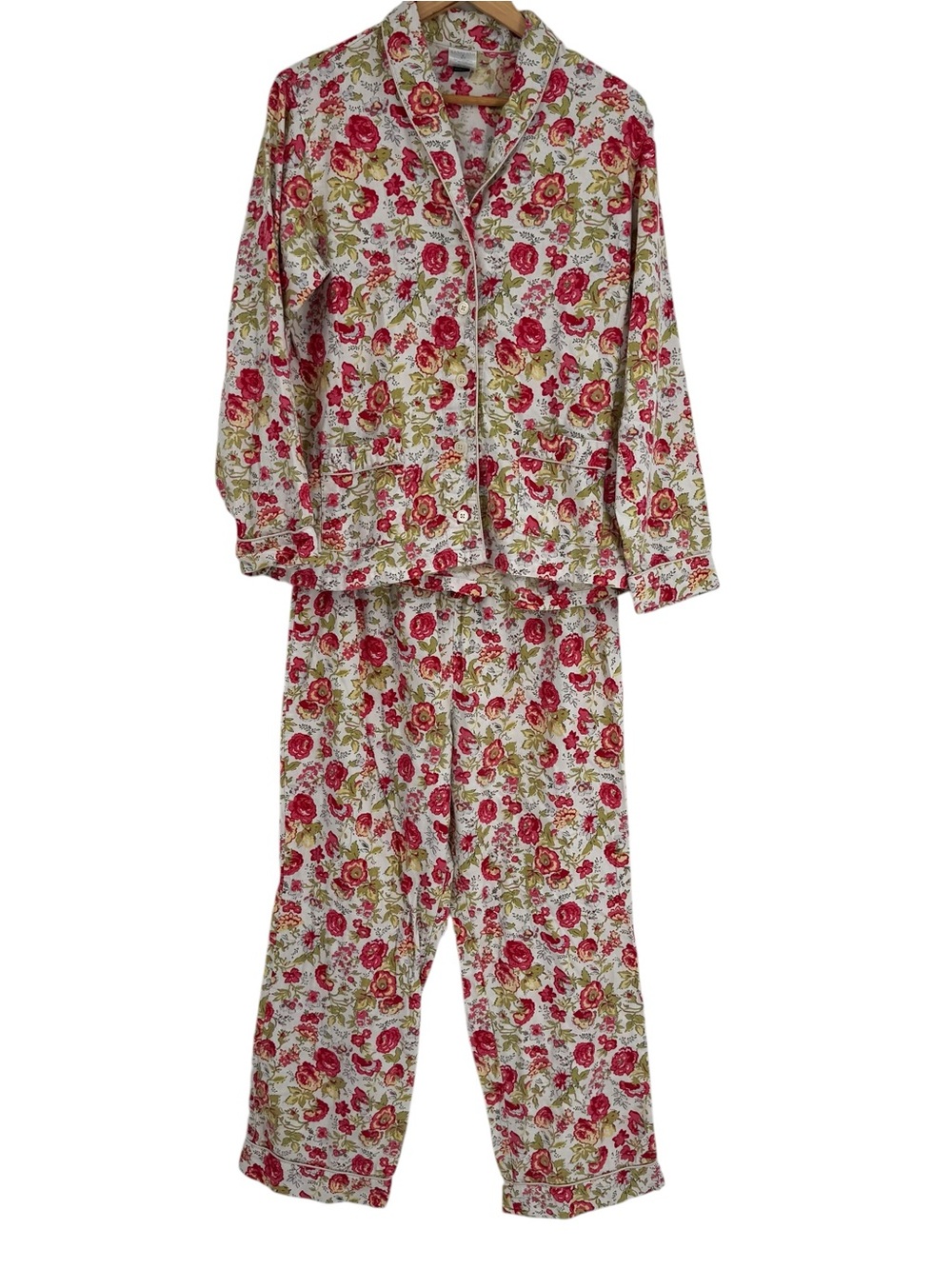 Lands' End Women's Flannel Floral Pajamas Size Medium Red White 2-piece